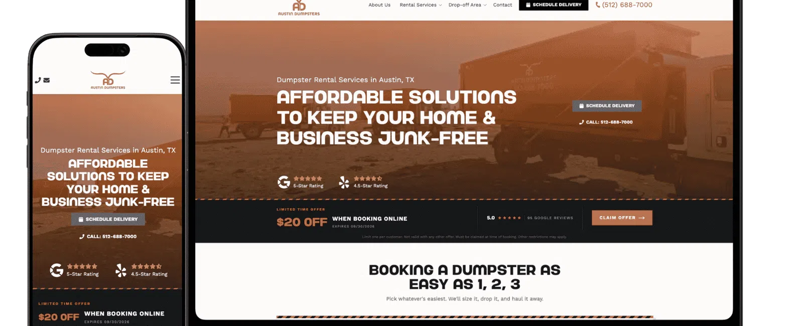 Austin Dumpsters website showing affordable dumpster rental services with schedule delivery option on phone and laptop.