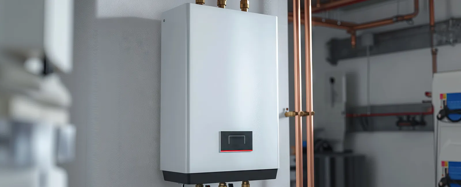 Modern tankless water heater with copper pipes installed on a gray wall inside a utility room.