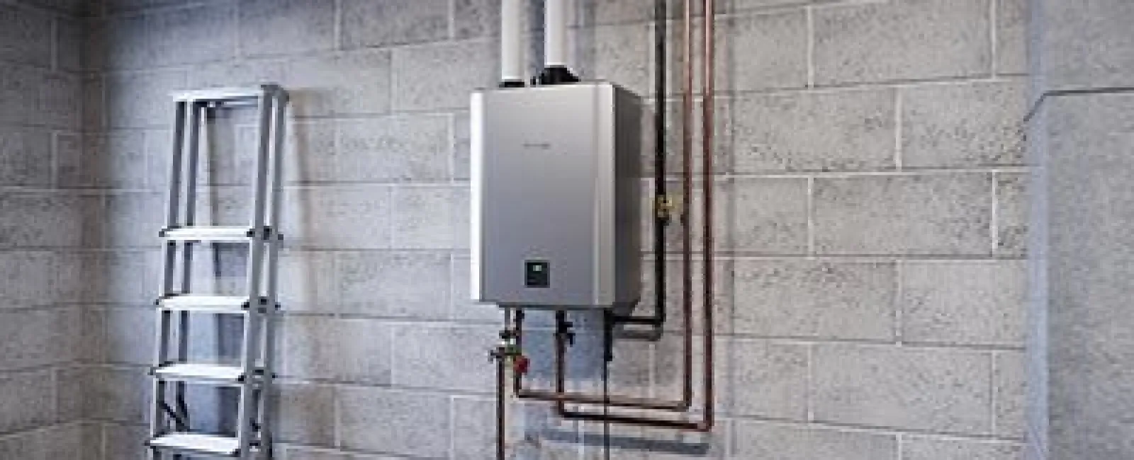 Tankless water heater mounted on concrete block wall with copper pipes and a metal ladder nearby in unfinished basement, atanta rinnai dealer