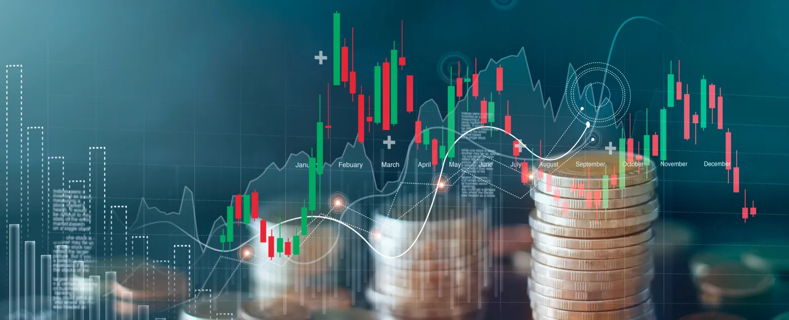 Stacked coins with financial bar and line charts representing investment growth and stock market trends.