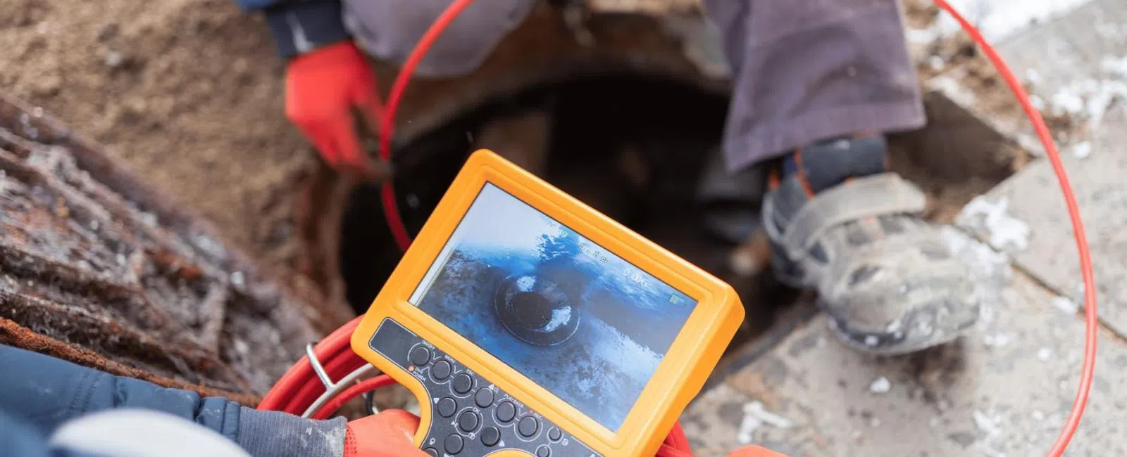 Technicians using a sewer inspection camera to examine underground pipes through a manhole in winter.