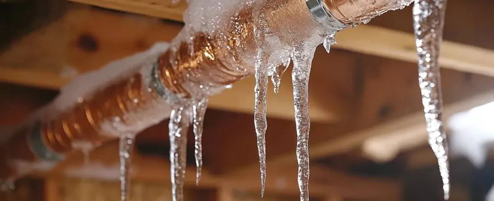 Copper pipes in a wooden structure with ice and icicles forming during freezing temperatures.
