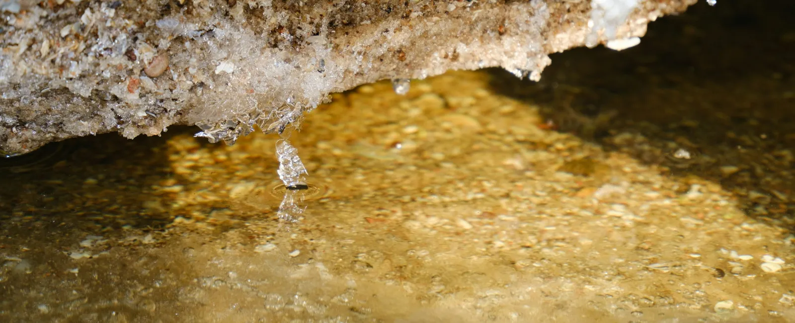 Close-up of melting ice over a clear shallow water surface with small pebbles beneath.
