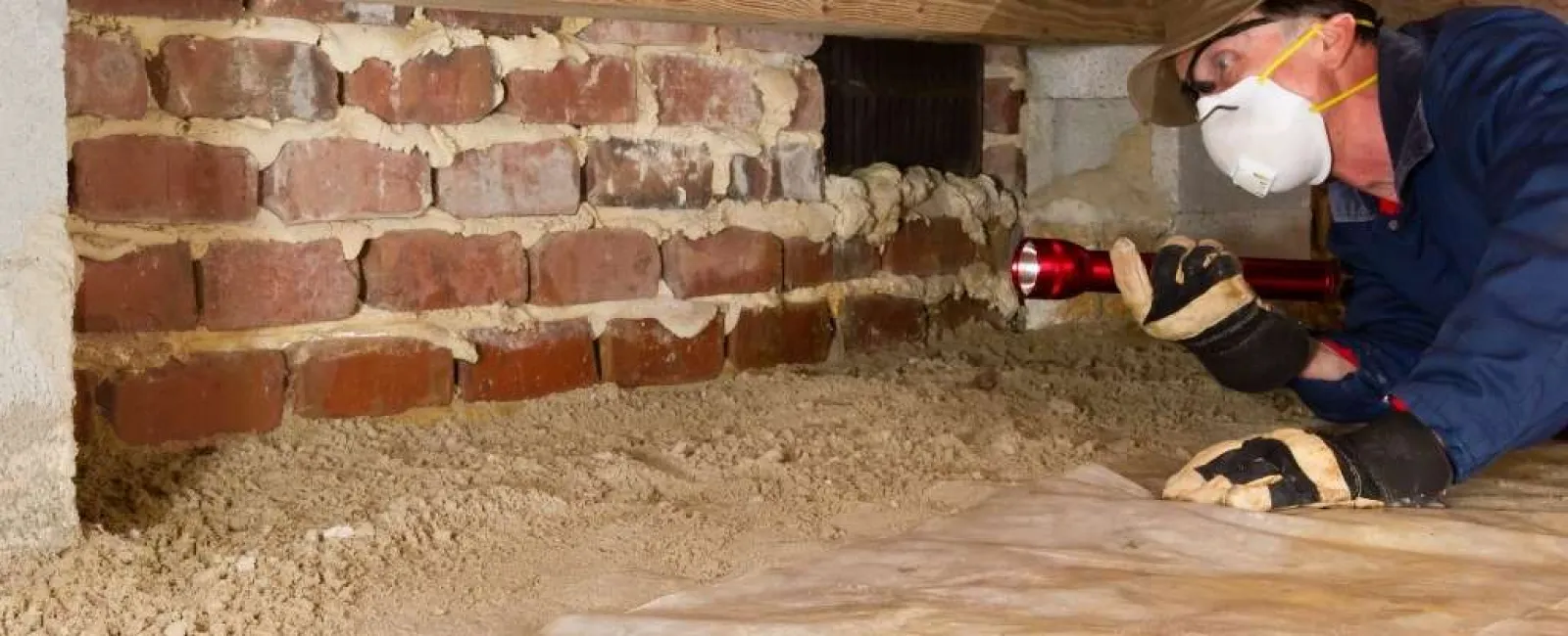 Technician in protective gear inspecting a crawl space with a flashlight under a wooden floor.
