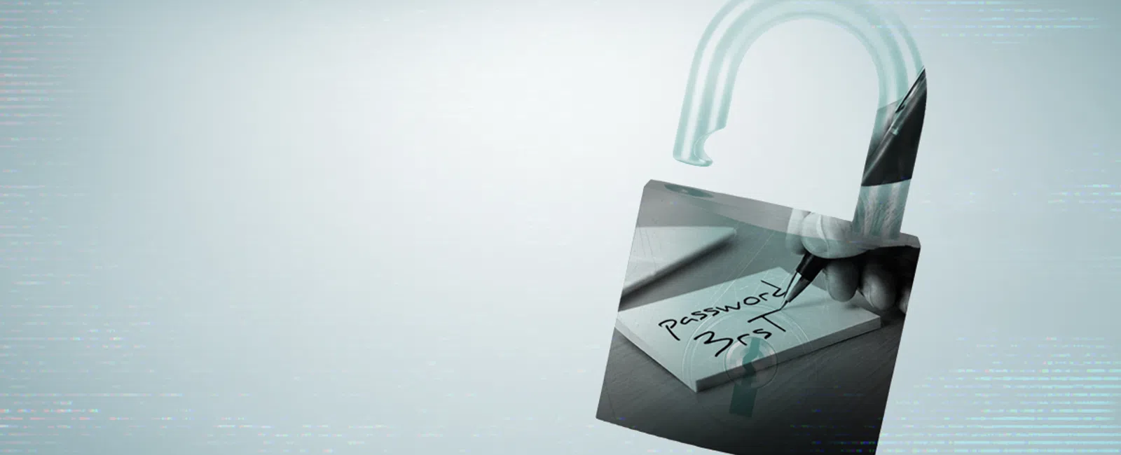 Open padlock icon overlaying a hand writing down a password on paper, representing cybersecurity and password security risks.