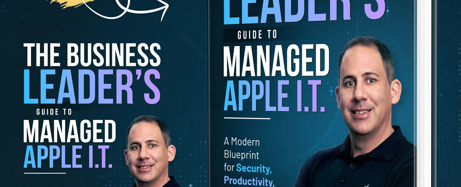 Book cover for The Business Leader's Guide to Managed Apple I.T. by David Sewell promoting security and productivity.