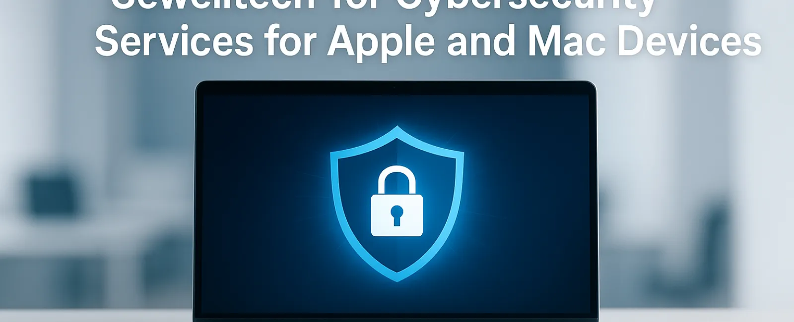 Laptop displaying a shield with a lock icon illustrating cybersecurity for Apple and Mac devices.