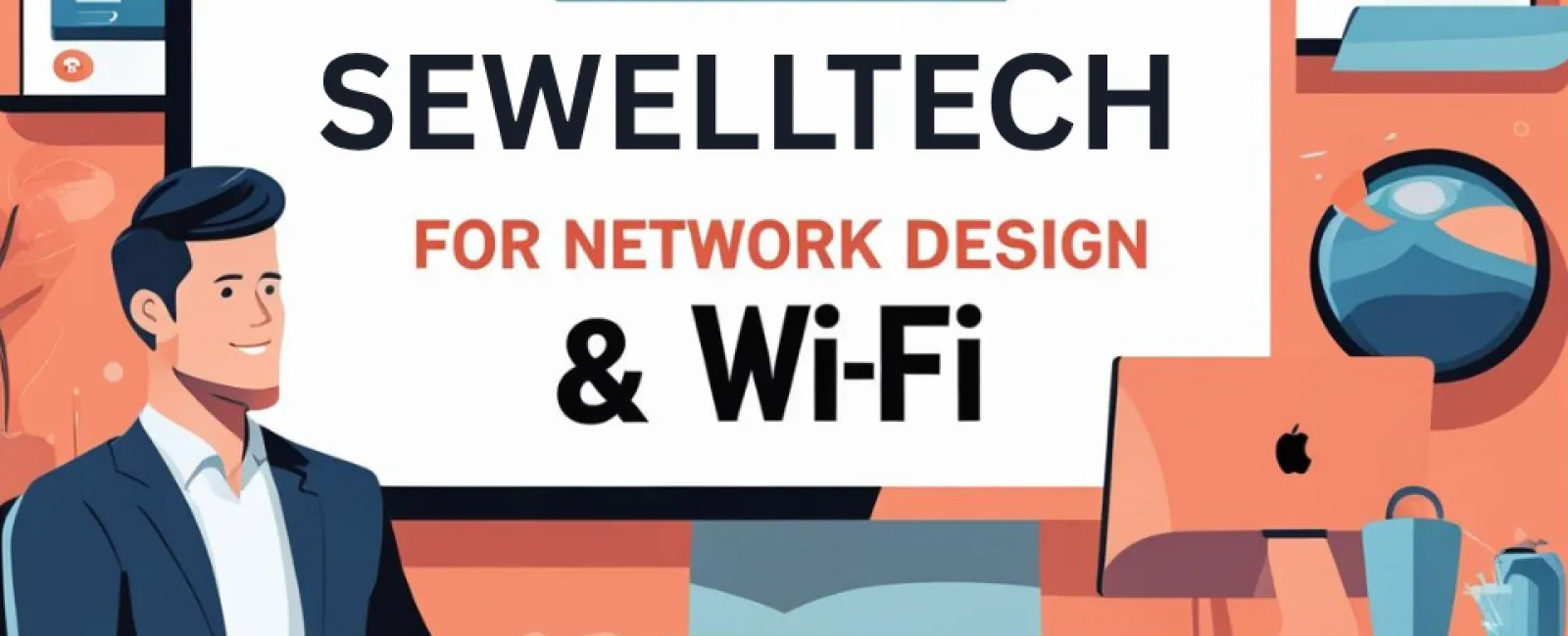 Businessman at desk with a screen showing top reasons to choose SewellTech for network design and Wi-Fi solutions.