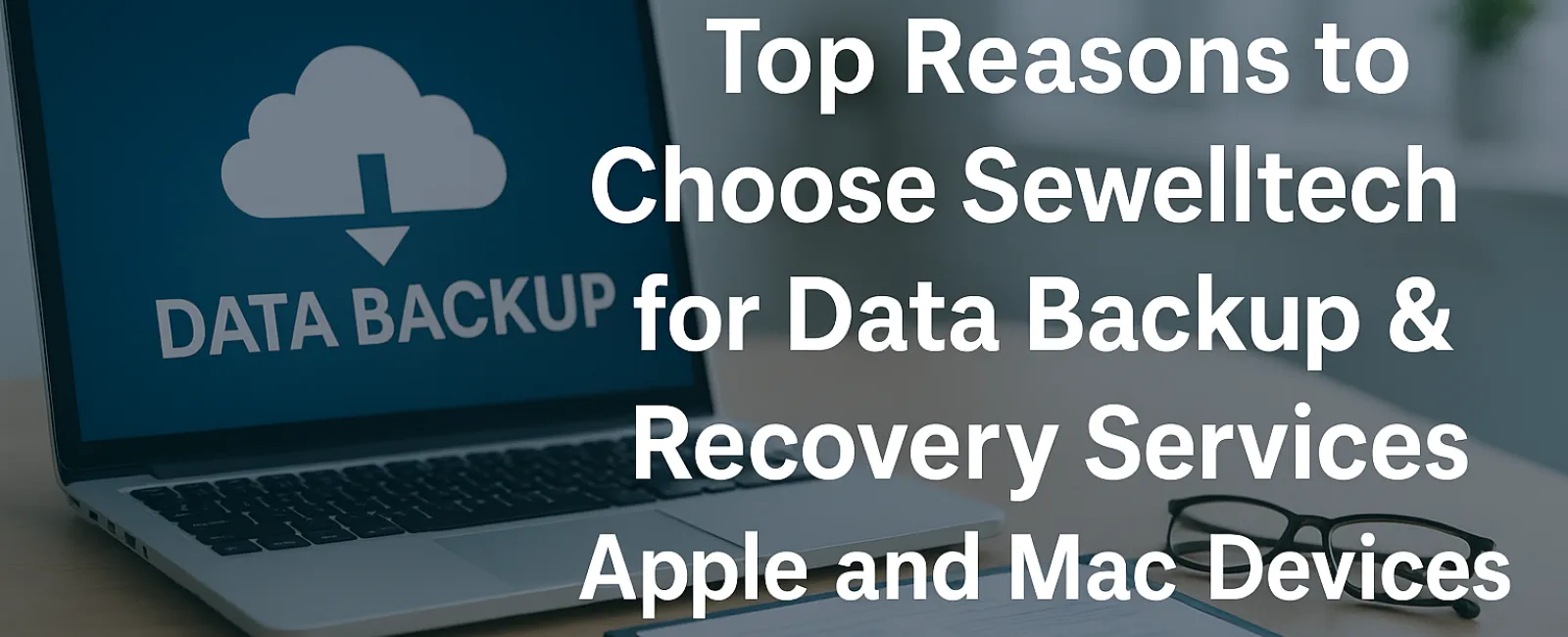 Laptop displaying data backup cloud icon with text promoting Sewelltech data backup for Apple Mac devices.