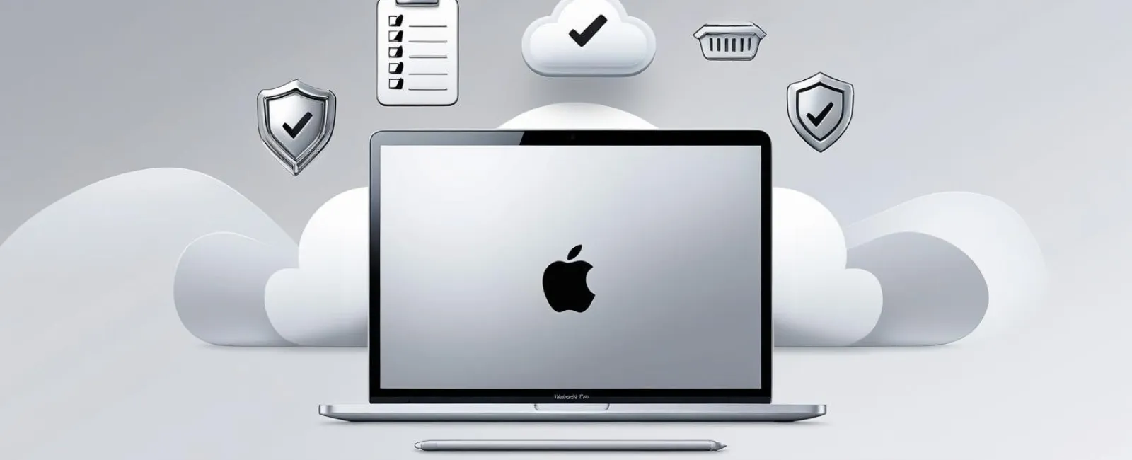 MacBook Pro with Apple logo surrounded by cloud icons and security symbols on a gray background.