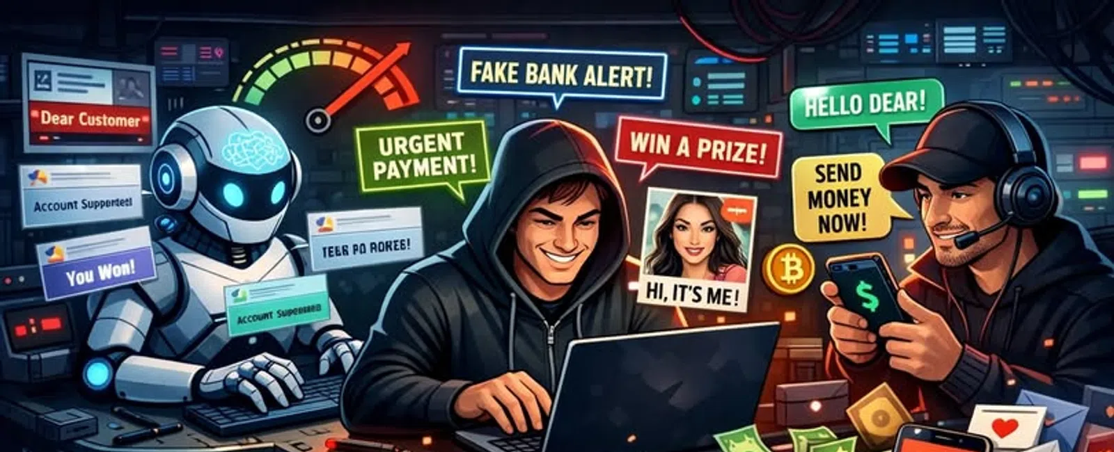 Hackers using laptops and phones with scam messages like fake bank alert, urgent payment, and win a prize shown.