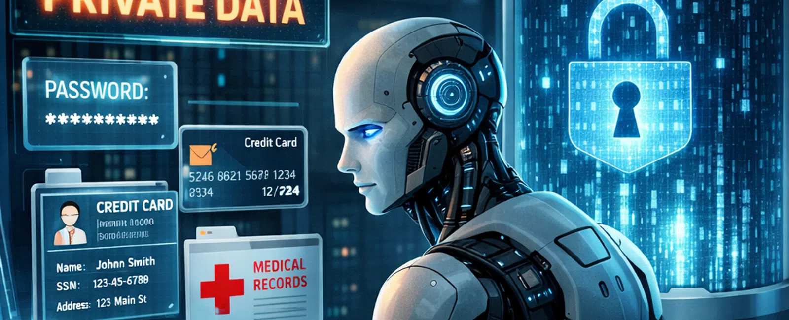 Futuristic robot managing private data including passwords, credit cards, medical records, and emails in a secure environment.