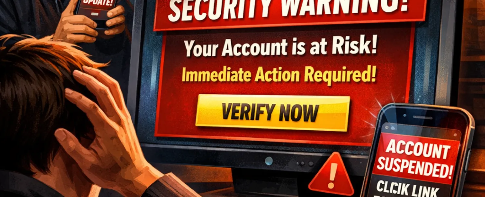 Person stressed by phishing scam warnings on computer and phone with hacker in background