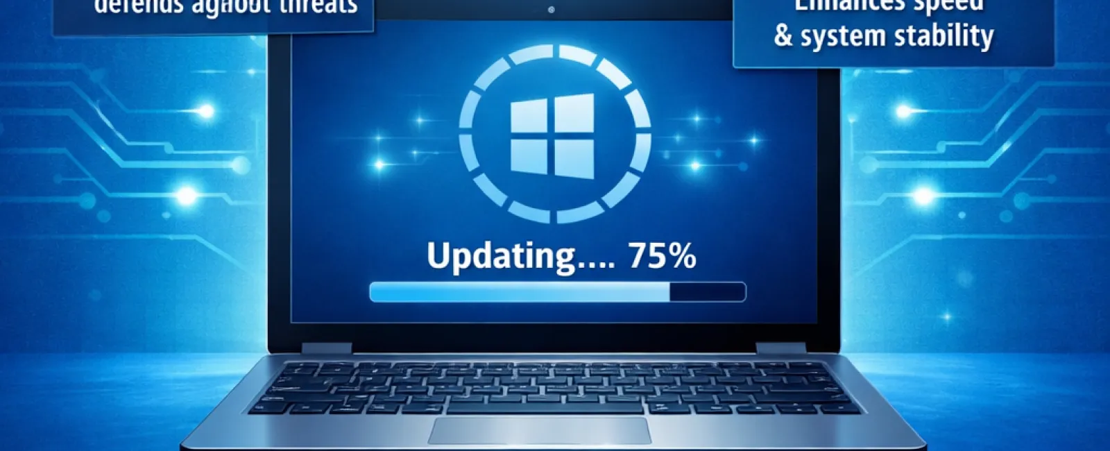 Laptop updating Windows at 75% with benefits including security, performance, bug fixes, new features, and compatibility.
