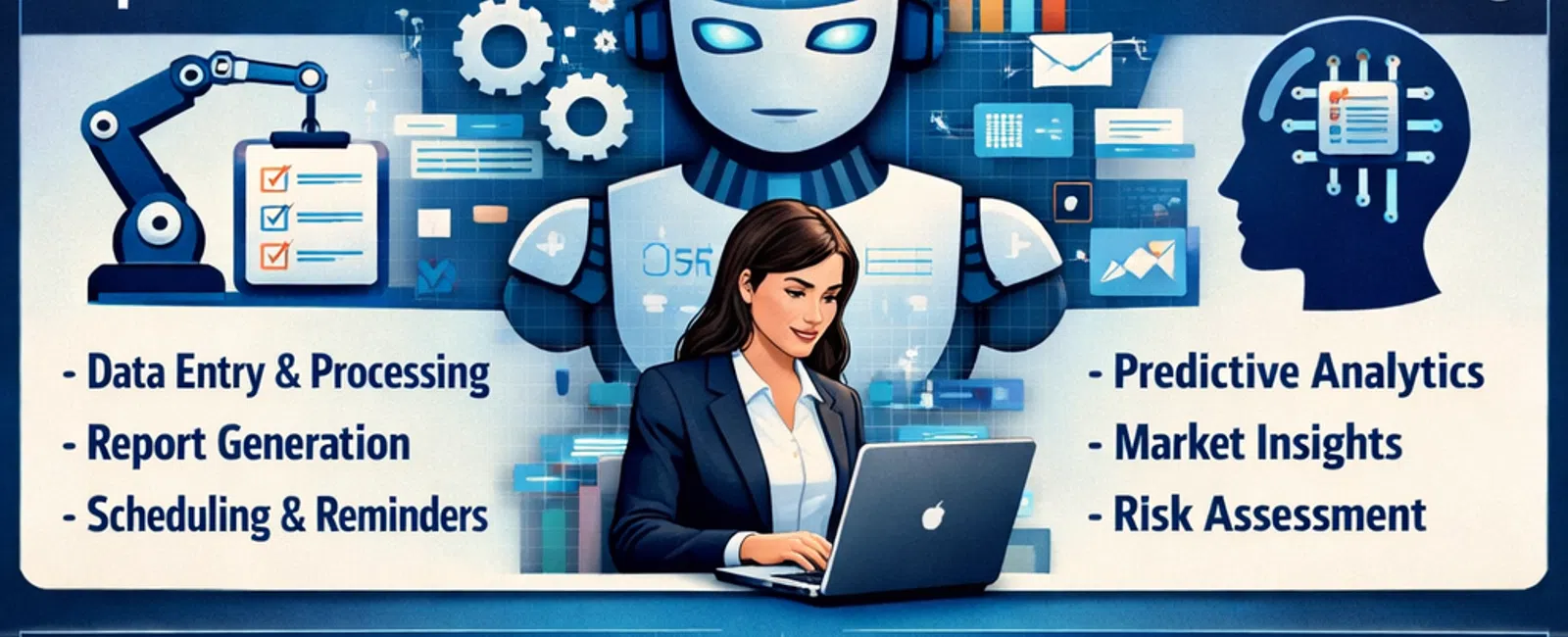 Infographic showing AI benefits in business: automate tasks, enhance decisions, boost service, improve workflow efficiency.