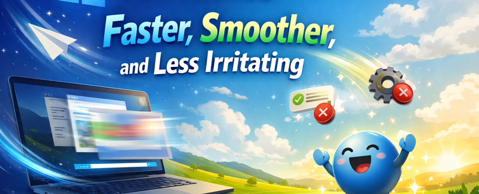 Windows logo with laptop showing fast interface and happy blue mascot in bright outdoor landscape.