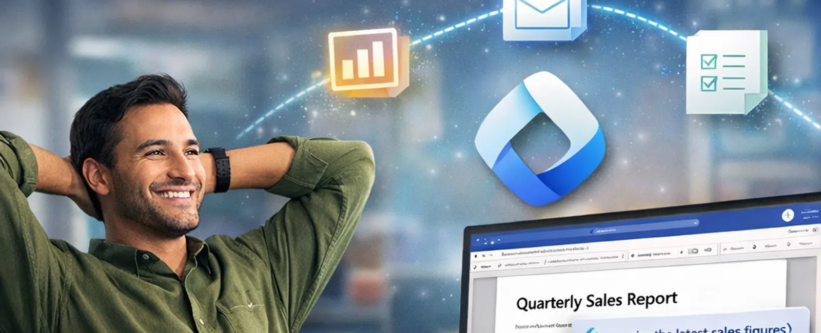 Man relaxing at desk with laptop and monitor showing quarterly sales report using Microsoft Copilot AI features.