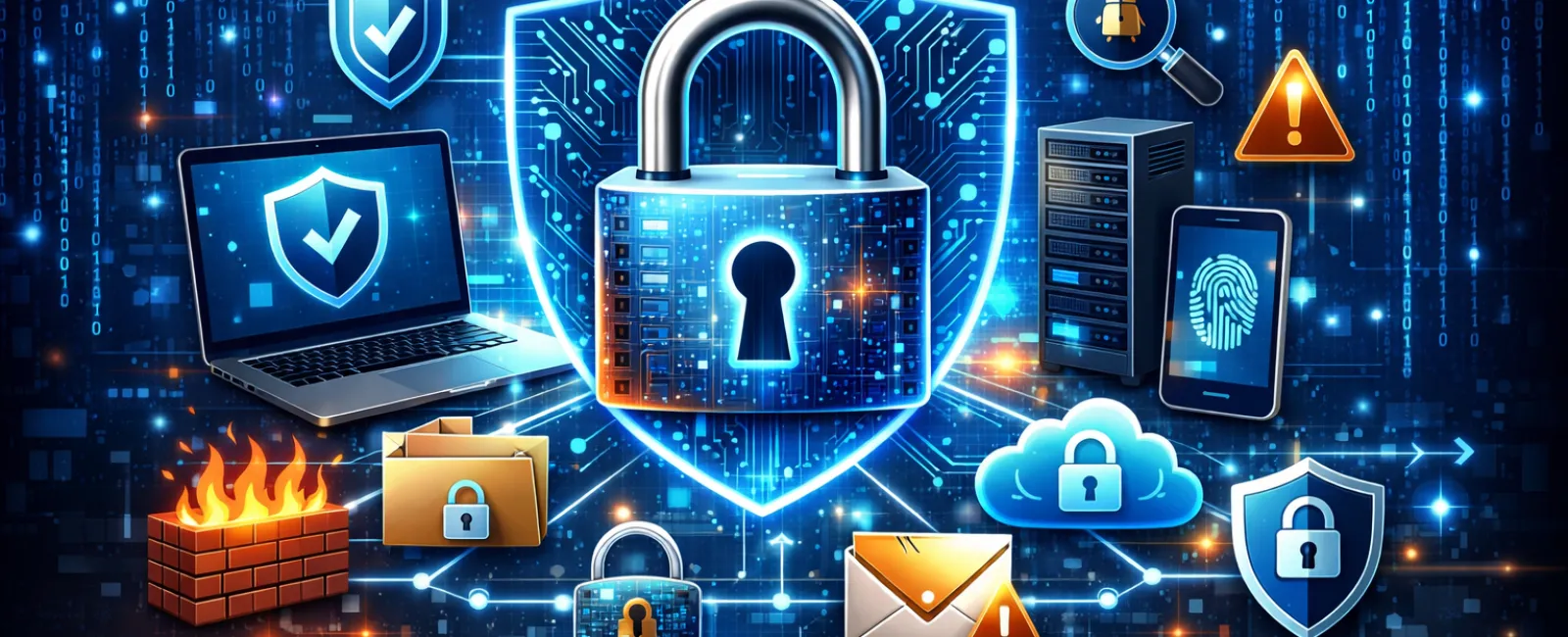 Digital padlock with shield, laptop, smartphone, firewall, cloud, and security icons illustrating data security concepts.