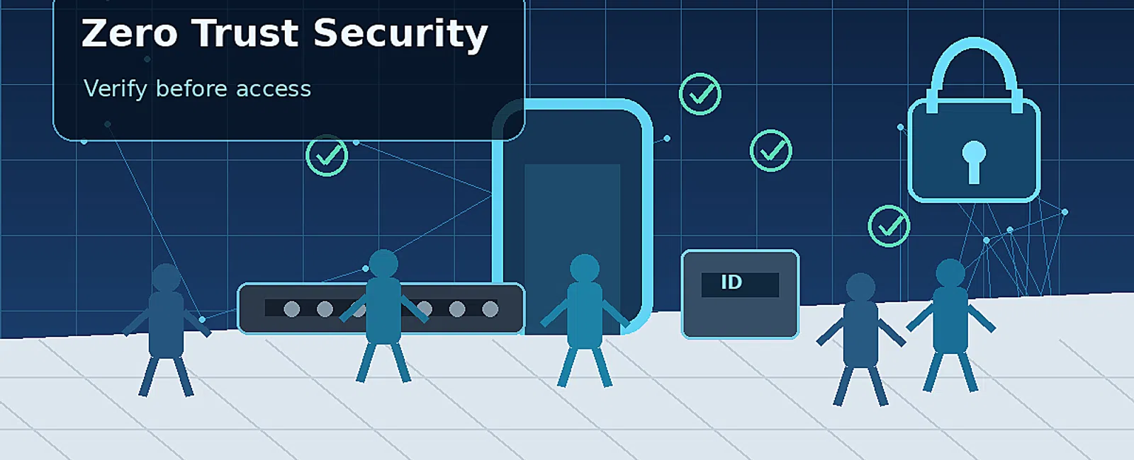 Illustration of Zero Trust Security with people verifying identity before access under a secure lock and checkmarks.