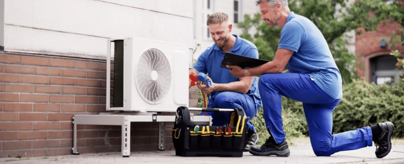 a couple of men sitting on a bench with a laptop and a fan