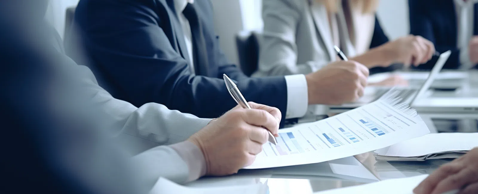 Business professionals reviewing financial charts and documents during a meeting in a bright office.