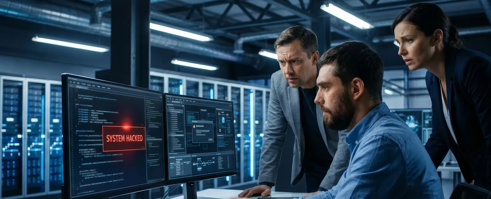Three professionals in a data center analyze a system hacked alert on dual computer monitors.