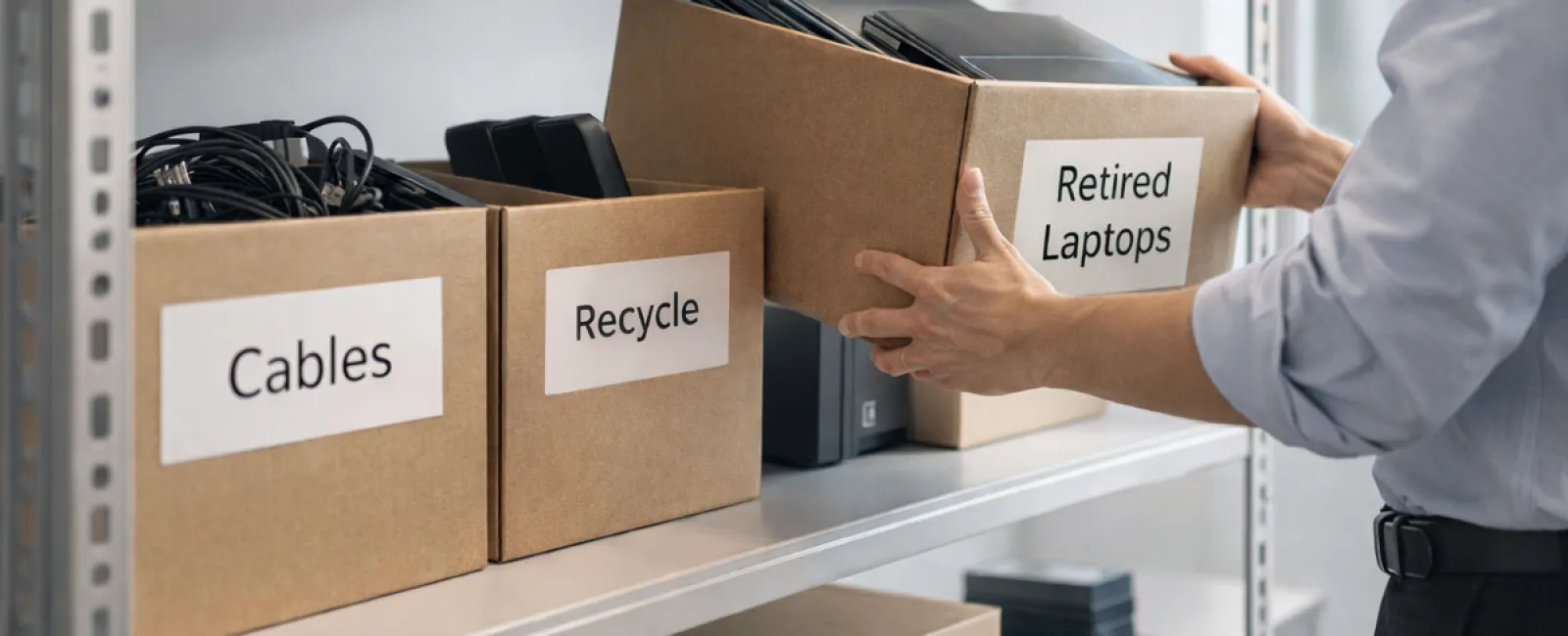 Person organizing labeled boxes of cables, electronics, and retired laptops on metal shelving for recycling.