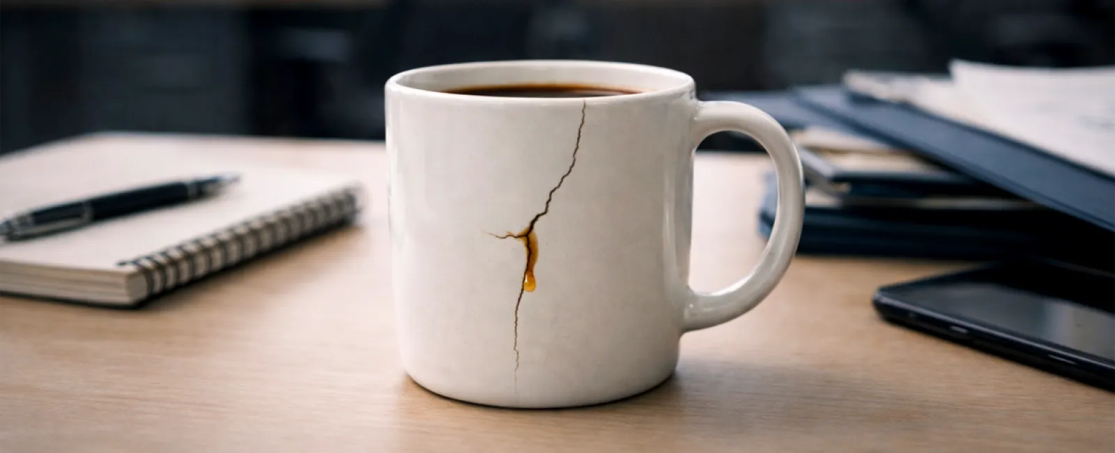 White ceramic coffee mug with a visible crack and coffee drip on a wooden desk with notebooks and pen.
