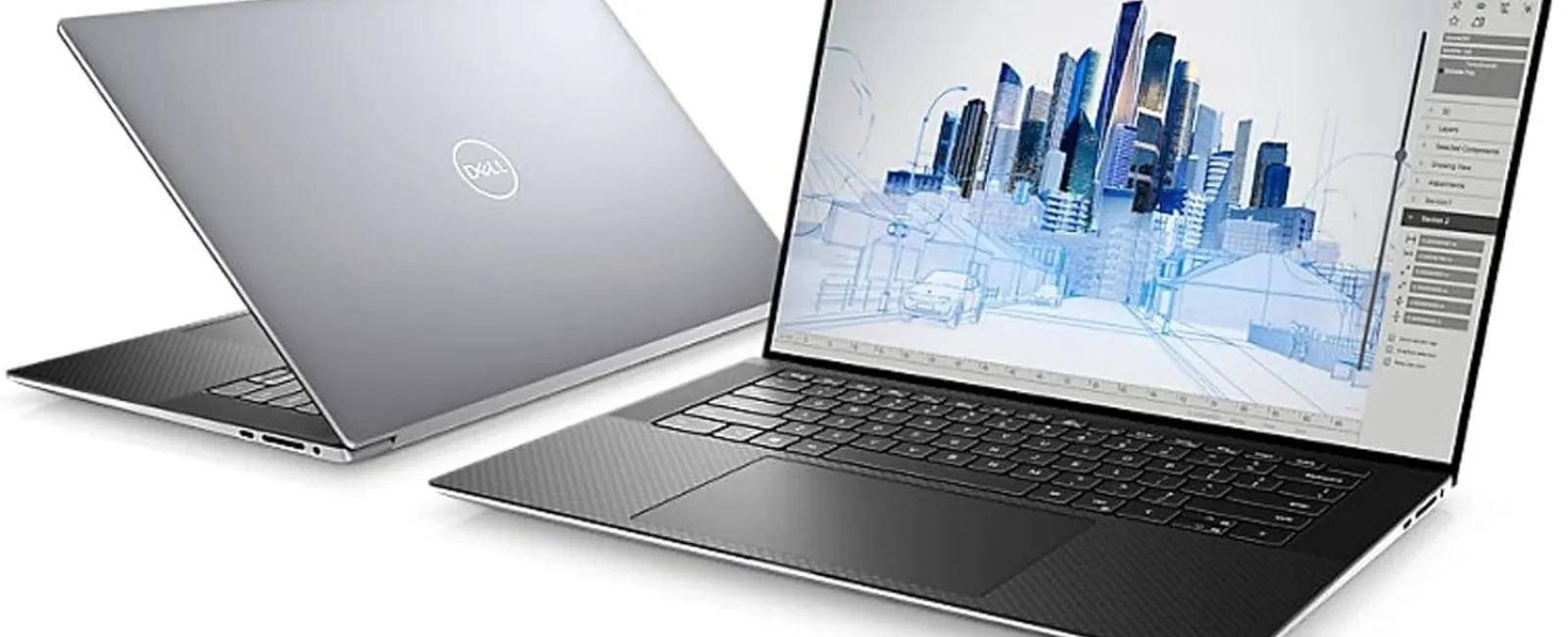 Silver Dell laptops with one showing 3D architectural design on screen, sleek and modern design