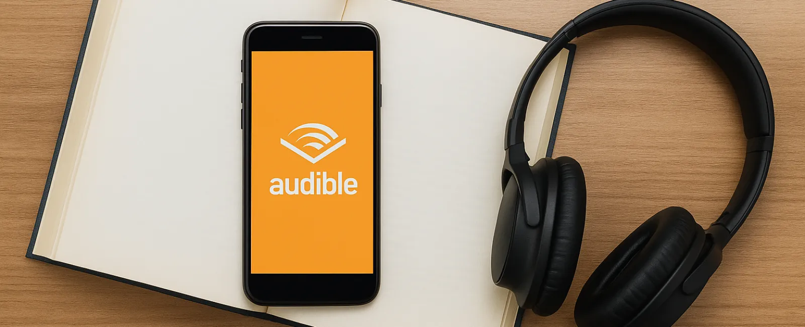 Smartphone with Audible app on screen, open book, and black headphones on wooden table