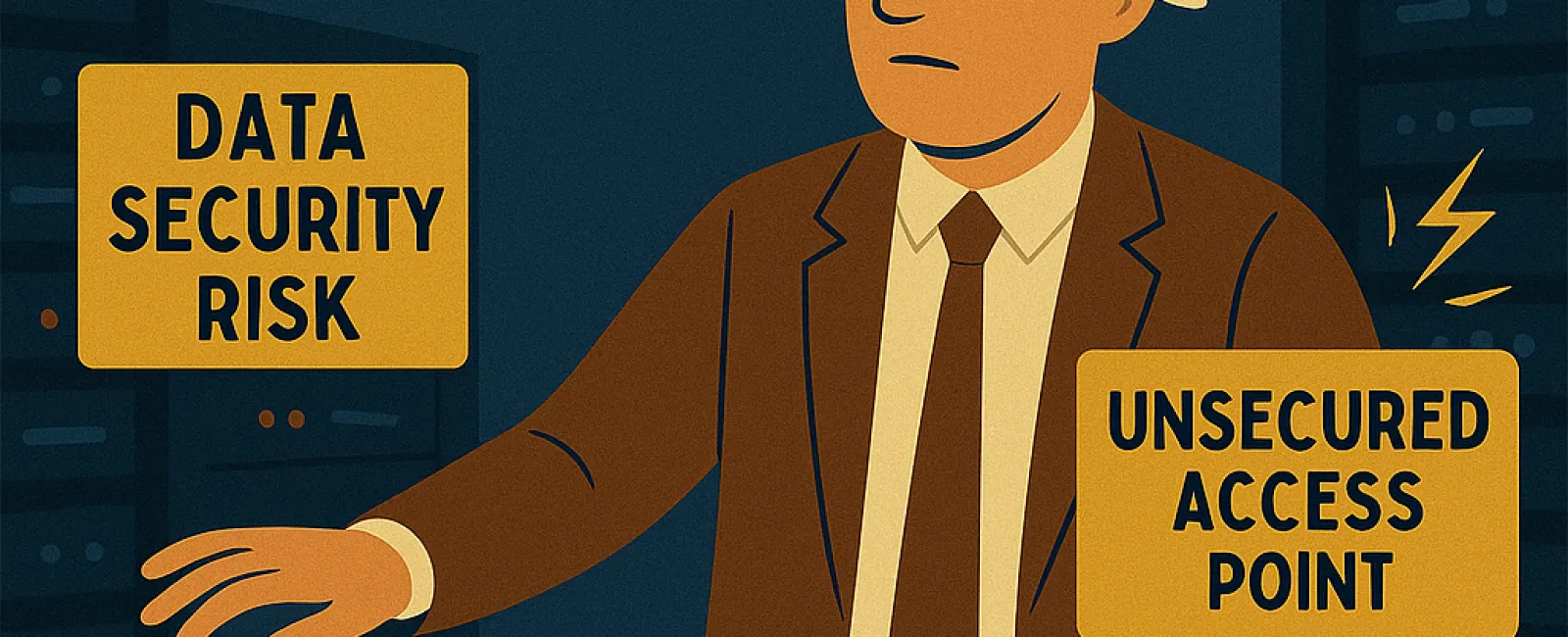 Blindfolded businessman facing data security risks with warnings about PIPEDA and unsecured access points.