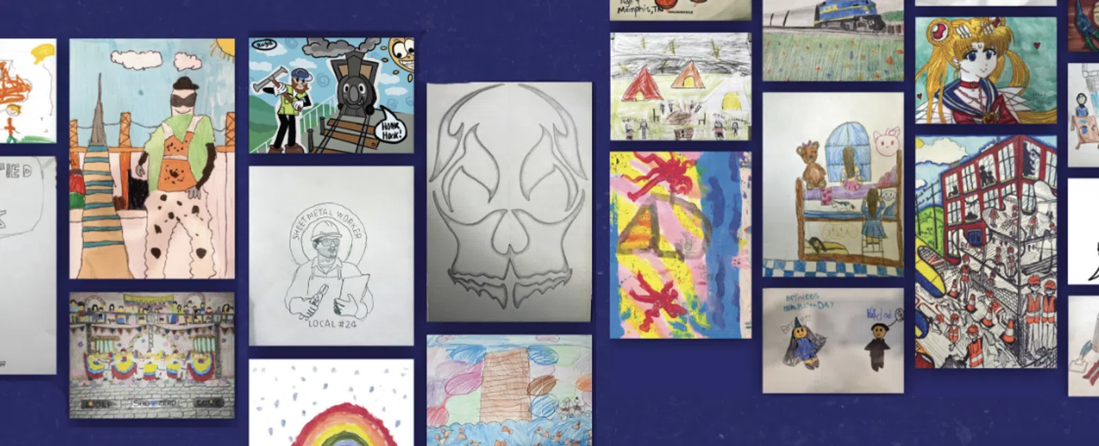 Collage of diverse, colorful drawings including skulls, rainbows, characters, and landscapes on a blue background.
