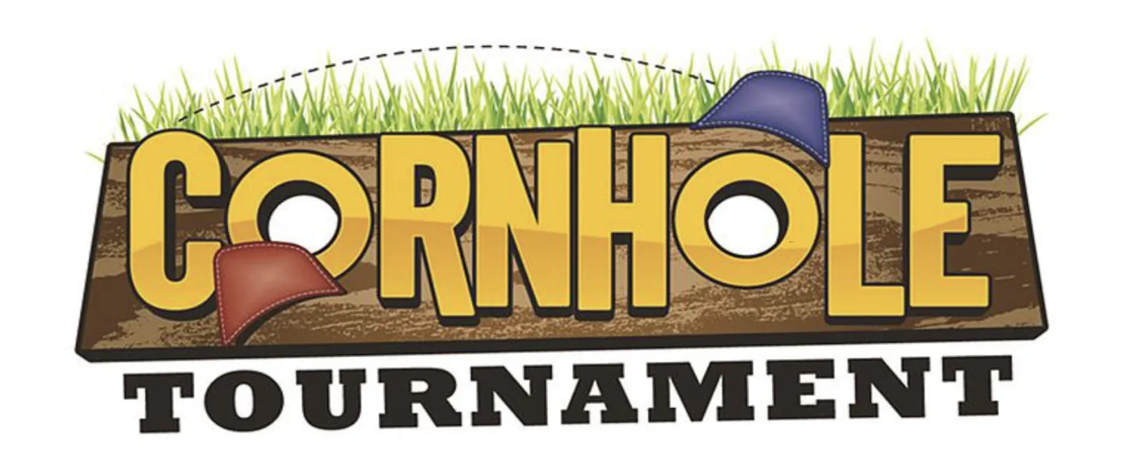 Cornhole tournament logo with yellow letters, wooden board background and two bean bags on grass.