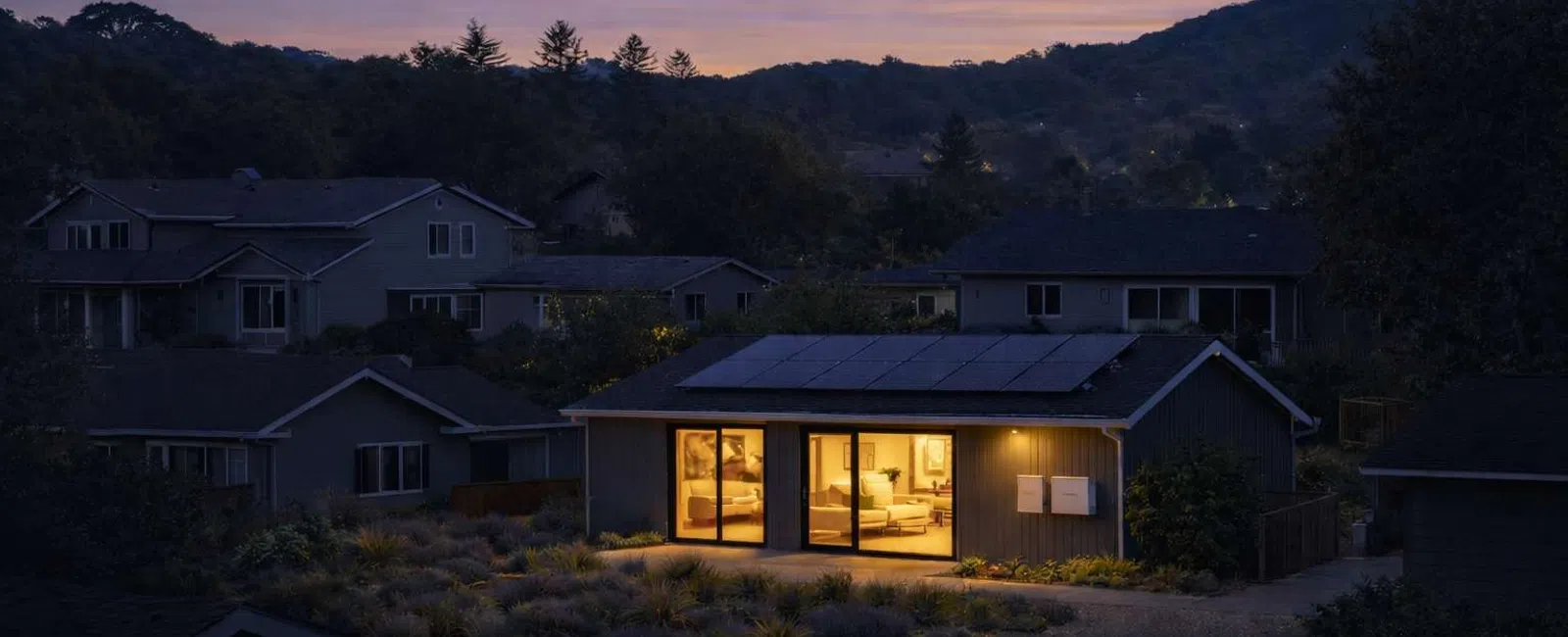 Cozy house with solar panels illuminated at dusk surrounded by greenery and hills in the background