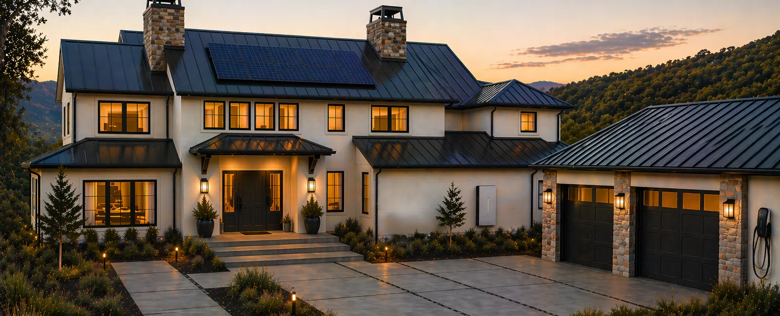 Modern two-story house with solar panels, large driveway, and warm interior lights at sunset in mountainous area.