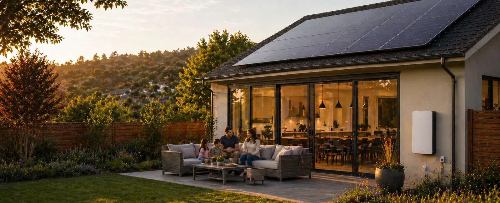 Family sitting on patio outside modern house with solar panels on roof during sunset.