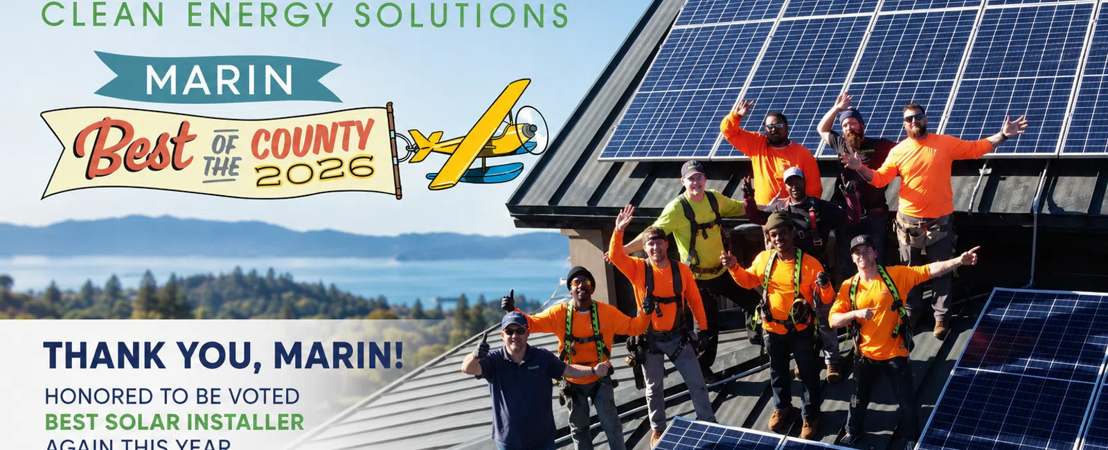 SolarCraft team celebrating on a rooftop with solar panels, awarded Best Solar Installer in Marin County 2026.