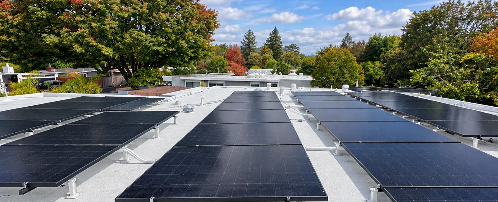 Solar panels installed on a flat rooftop Eichler home with autumn trees and a partly cloudy blue sky background.