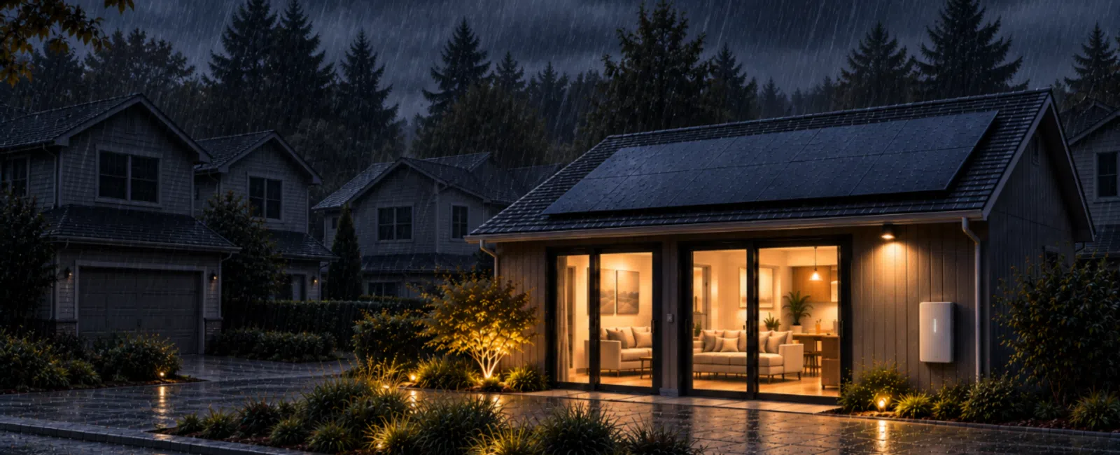 Modern house with solar panels and warm interior lighting on a rainy night in a quiet suburban neighborhood.
