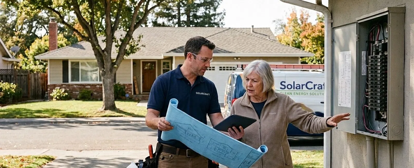 Technician and customer reviewing electrical panel and blueprints outside a suburban home with SolarCraft van in background