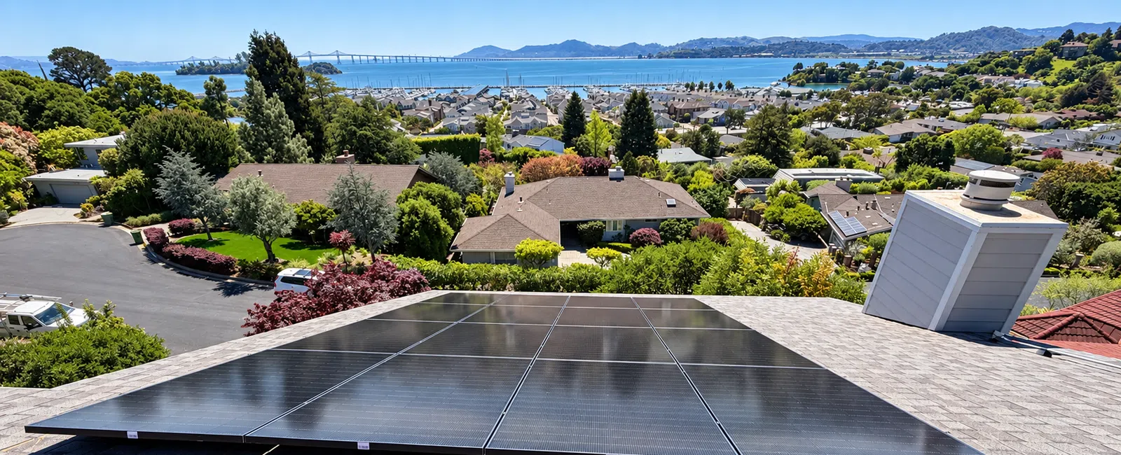 Solar panels installed on rooftop overlooking greenbrae and larkspur, north bay area marin