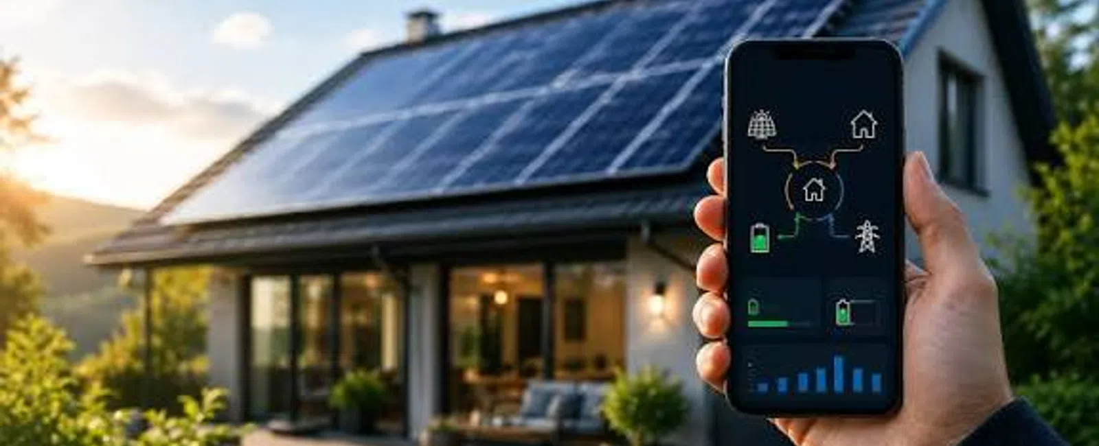 Hand holding smartphone displaying solar energy monitoring app in front of house with solar panels at sunset.