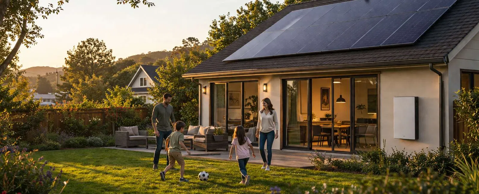 Family playing soccer in backyard of modern home with solar panels on roof during sunset.
