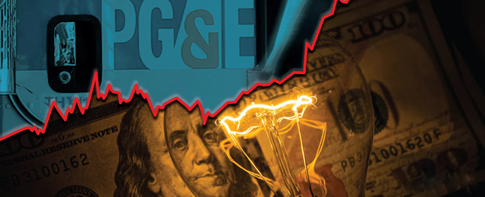PG&E logo with a rising red financial graph overlaid on dollar bills and a glowing light bulb symbolizing energy costs