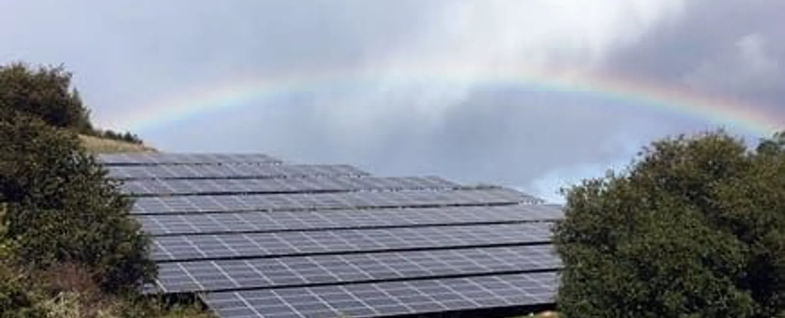 Solar panels on a green hillside with a rainbow and cloudy sky in the background.