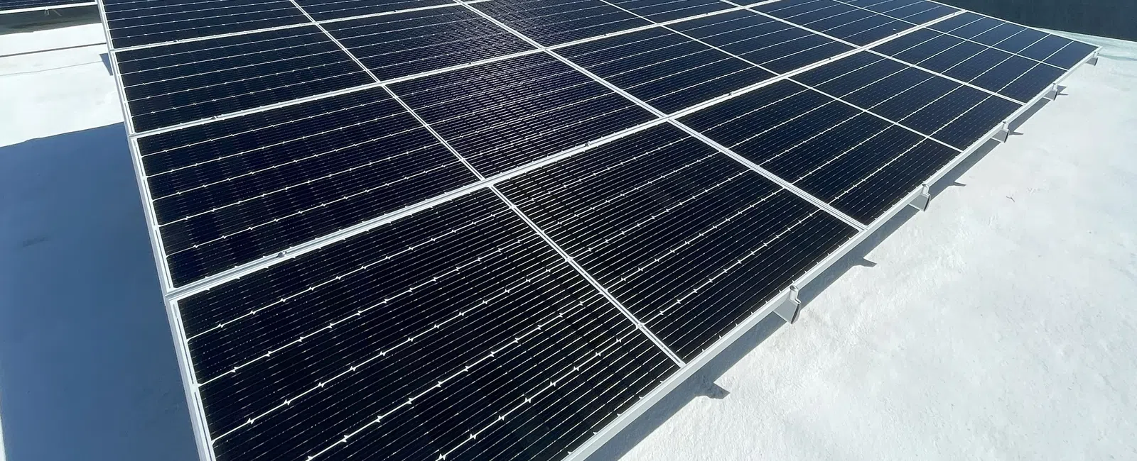 Aerial view of solar panels on a flat roof, harnessing solar energy in an urban setting.