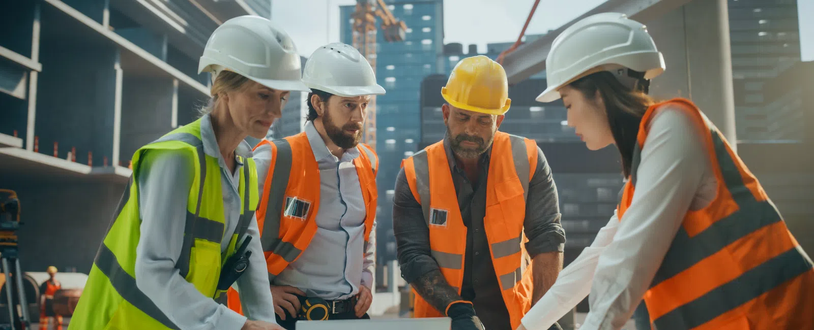 Four construction workers wearing helmets and safety vests reviewing plans and laptop at a building site.