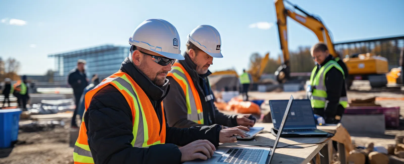 Construction workers in safety gear using laptops and tablets on site with heavy machinery in the background.