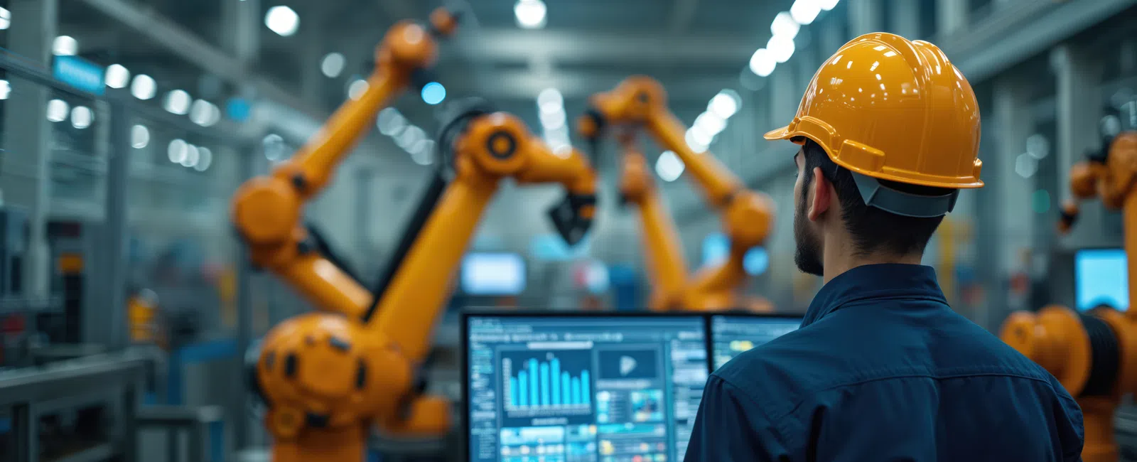 Engineer wearing a hard hat monitors robotic arms operating in a modern industrial manufacturing facility.