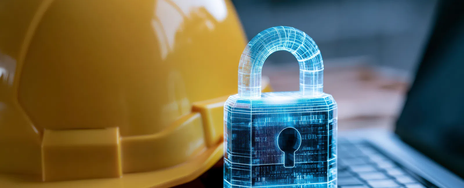 Digital padlock hologram on laptop keyboard next to a yellow construction hard hat representing cybersecurity in construction.